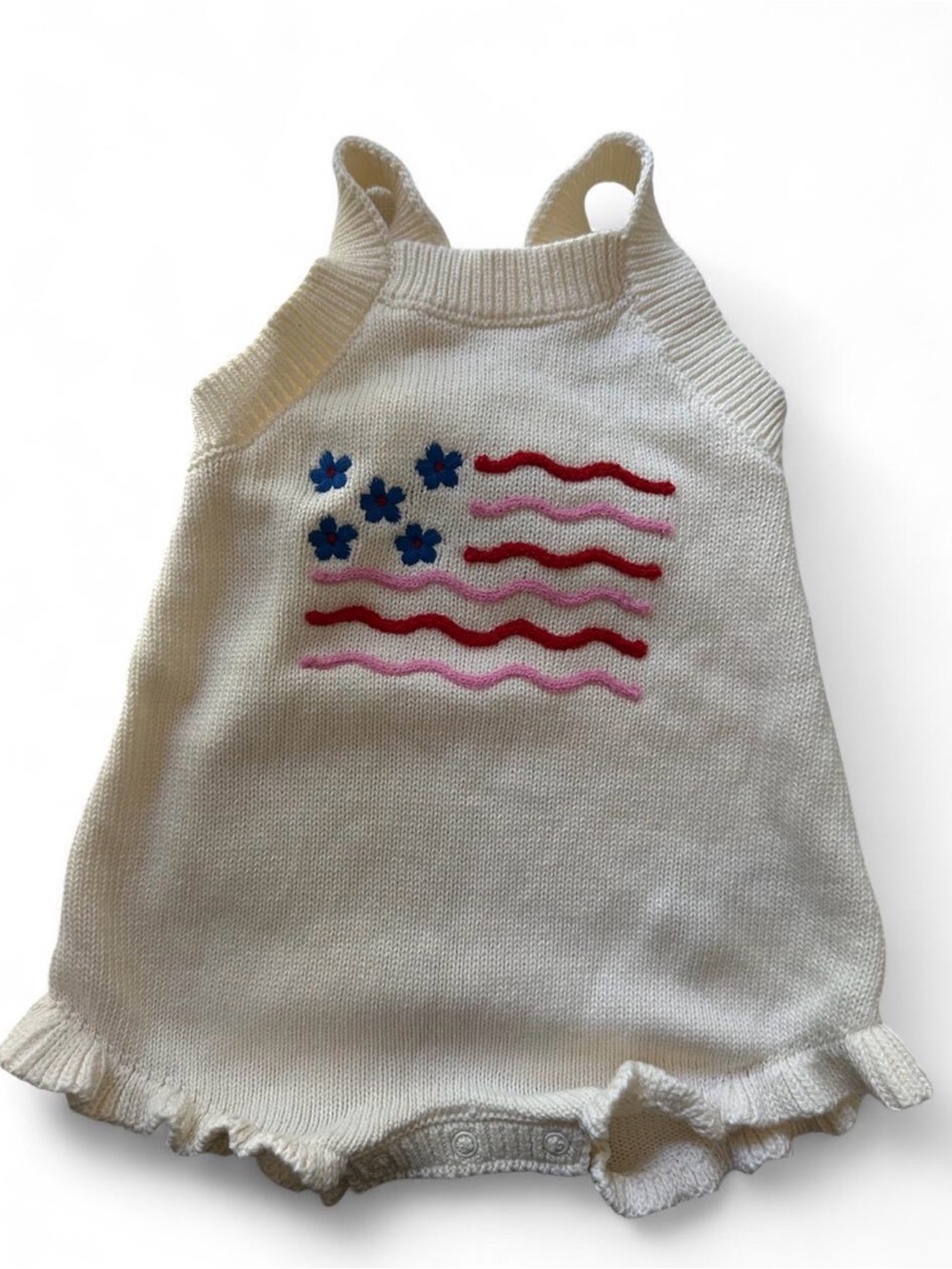 Old navy Baby Cream Knit Romper with Pink & Blue Flag 0-3mo NWOT